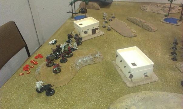 Khador setup. Mainly two waves clumped in the middle. Doom Reavers on left flank.